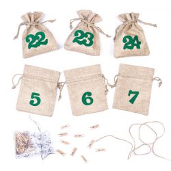 Adventskalender jute zakjes 11 x 14 cm - naturel + groente cijfers Kerst tassen
