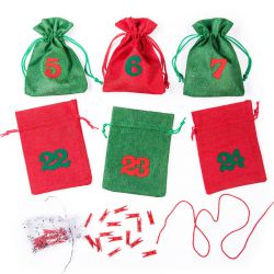 Adventskalender van jute zakjes 12 x 15 cm - groen en rood + rode en groene nummers Kerst tassen