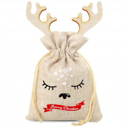 Jute zak 13 x 18 cm - Kerstmis + houten kerstbal met hoorns Kerst tassen