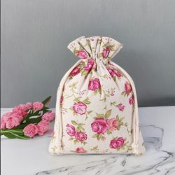 Zakjes à la linnen met print 13 x 18 cm - natuurlijke kleur / rozen Pasen tassen