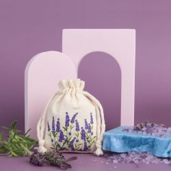 Katoenen zakjes 8 x 10 cm - natuurlijk met druk lavendel Bedrukte organzazakjes