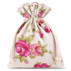 Zakjes à la linnen met print 9 x 12 cm - natuurlijke kleur / rozen Kleine Zakjes 9x12 cm