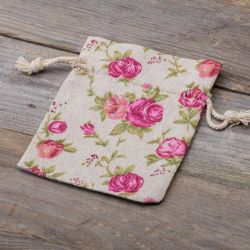 Zakjes à la linnen met print 10 x 13 cm - natuurlijke kleur / rozen Linnen zakjes