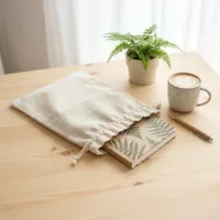 Linnen zakjes als ecologische verpakking voor notitieboekjes en souvenirs.