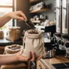 Linnen zakjes gevuld met koffiebonen in café, praktische opslag en cadeauverpakking